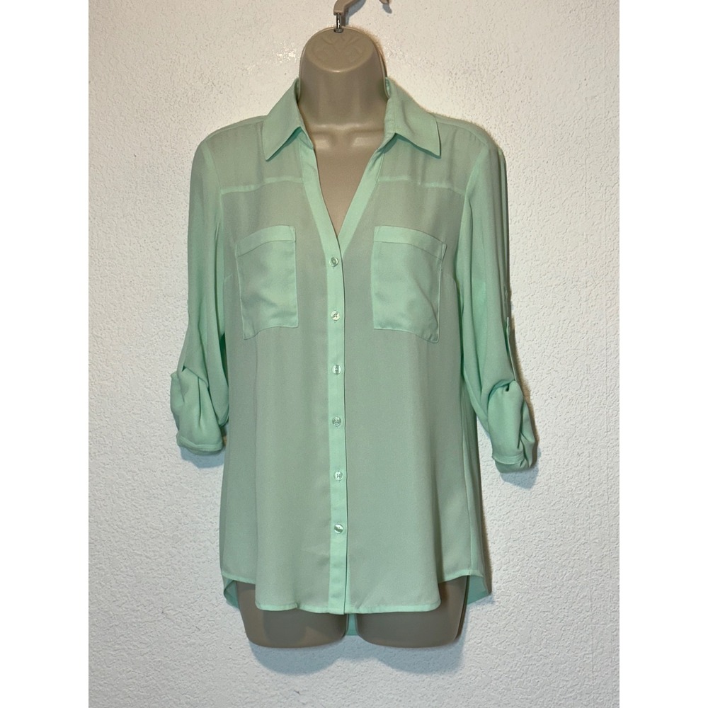 NWT Express Portofino Slim Shirt Mint Green Roll Tab Sleeve Button Down Blouse S
